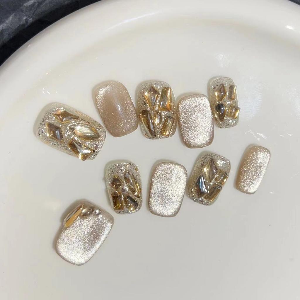 Wearing Armor Pure Handmade Manicure Finished Product Fake Nail Patch Highlight Light Bulb Cat Eye Flash Champagne Diamond Short Nail