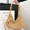 Hand-woven Straw Tote Bag With Wooden Bead Handle Large Capacity Summer Beach Shoulder Bag Casual Hollow Vacation Crochet Bag