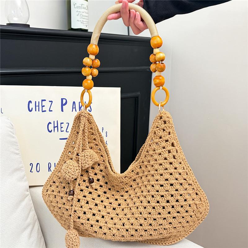 Hand-woven Straw Tote Bag With Wooden Bead Handle Large Capacity Summer Beach Shoulder Bag Casual Hollow Vacation Crochet Bag