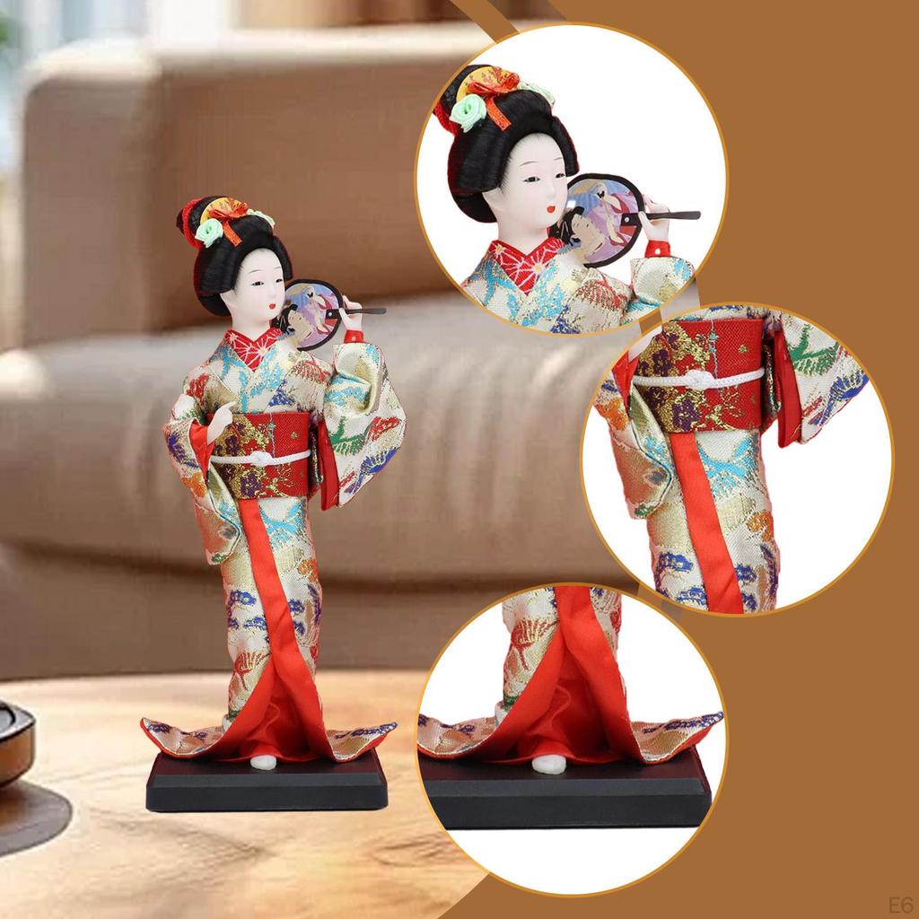 23cm Ethnic Japanese Geisha Doll Collectible Figurine, Vintage Kimono Girl Statue for Table
