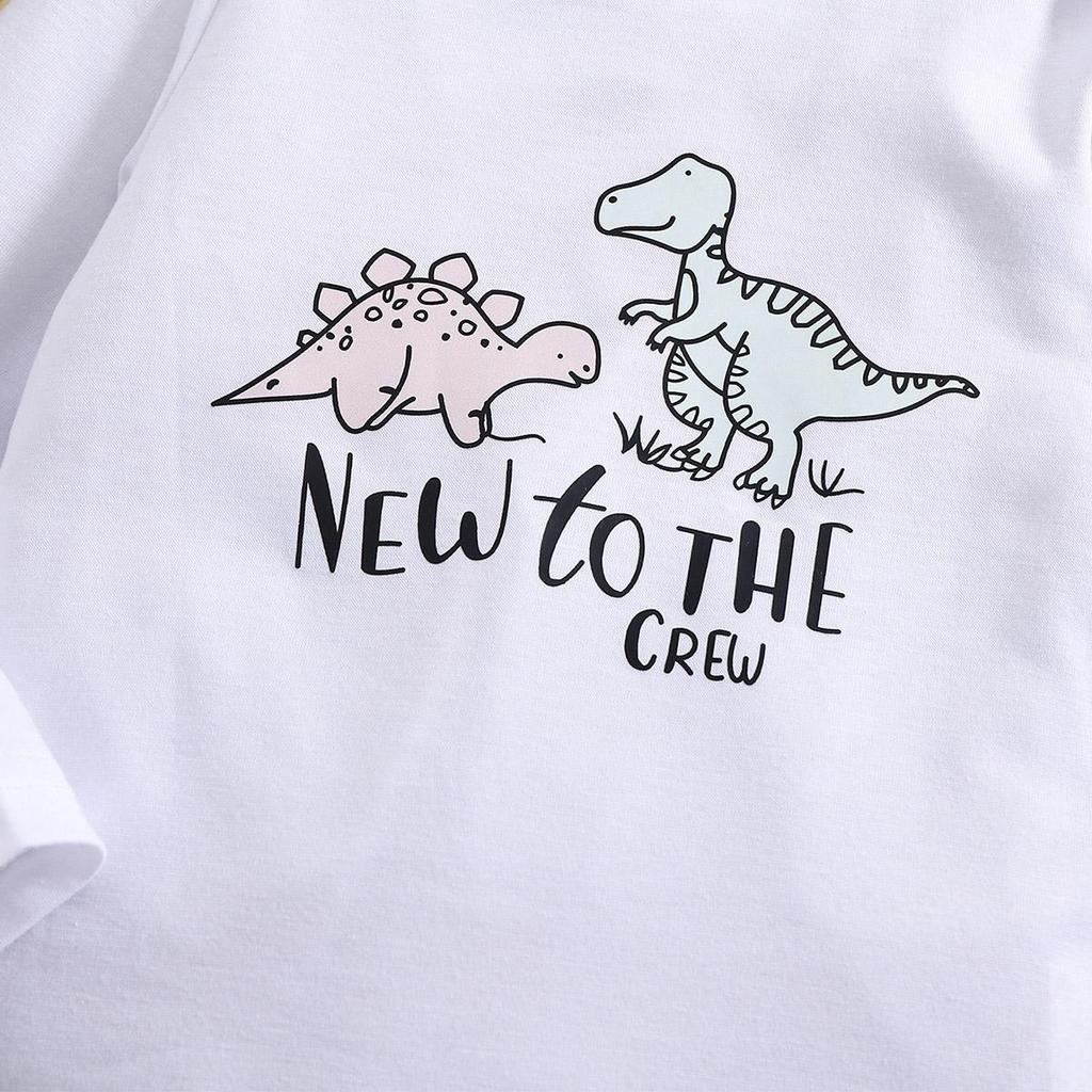 Infant Boy "New To The Crew" Print Dinosaur Pattern Long Sleeve Bodysuit With Matching Pants Hat Outfit Set