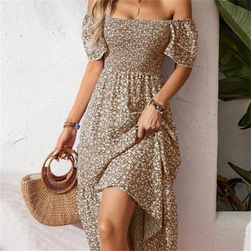 Women's Square Collar Waist Printed Bubble Sleeve Dress S-XXXL