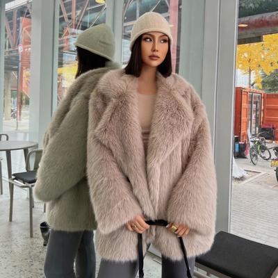 Modischer Streetstyle Fuchsfellmantel Lockerer Anzugkragen Mittellanger Kunstfellmantel für Damen Herbst-Winter Pelzmantel