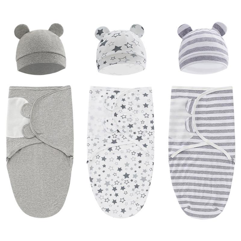2PCS Cotton Newborn Sleepsack Baby Swaddle Blanket Wrap Hat Set Infant Adjustable New Born Sleeping Bag Muslin Blankets 0-6M