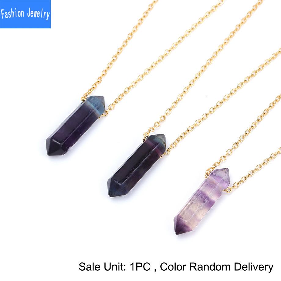 Natural crystal colorful fluorite double pointed column pendant necklace women's stainless steel clavicle chain