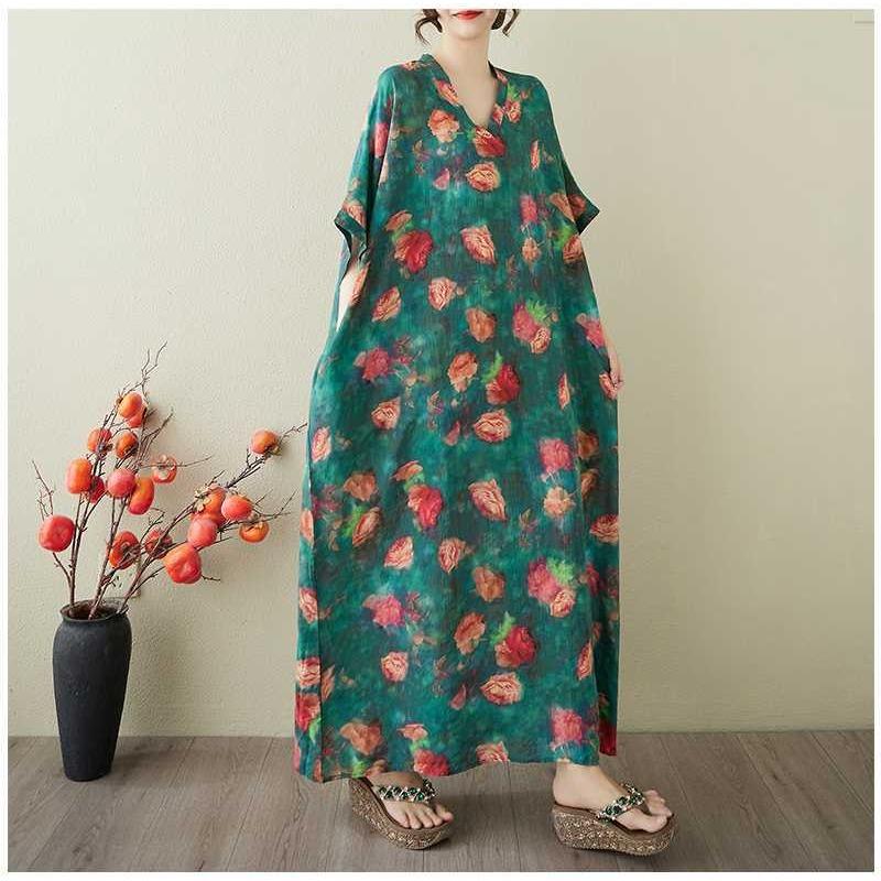 Women's Vintage Long Dress with Cotton and Linen Patterns