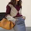 Womens Casual Argyle Print Color Block Crew Neck Long Sleeve Sweater