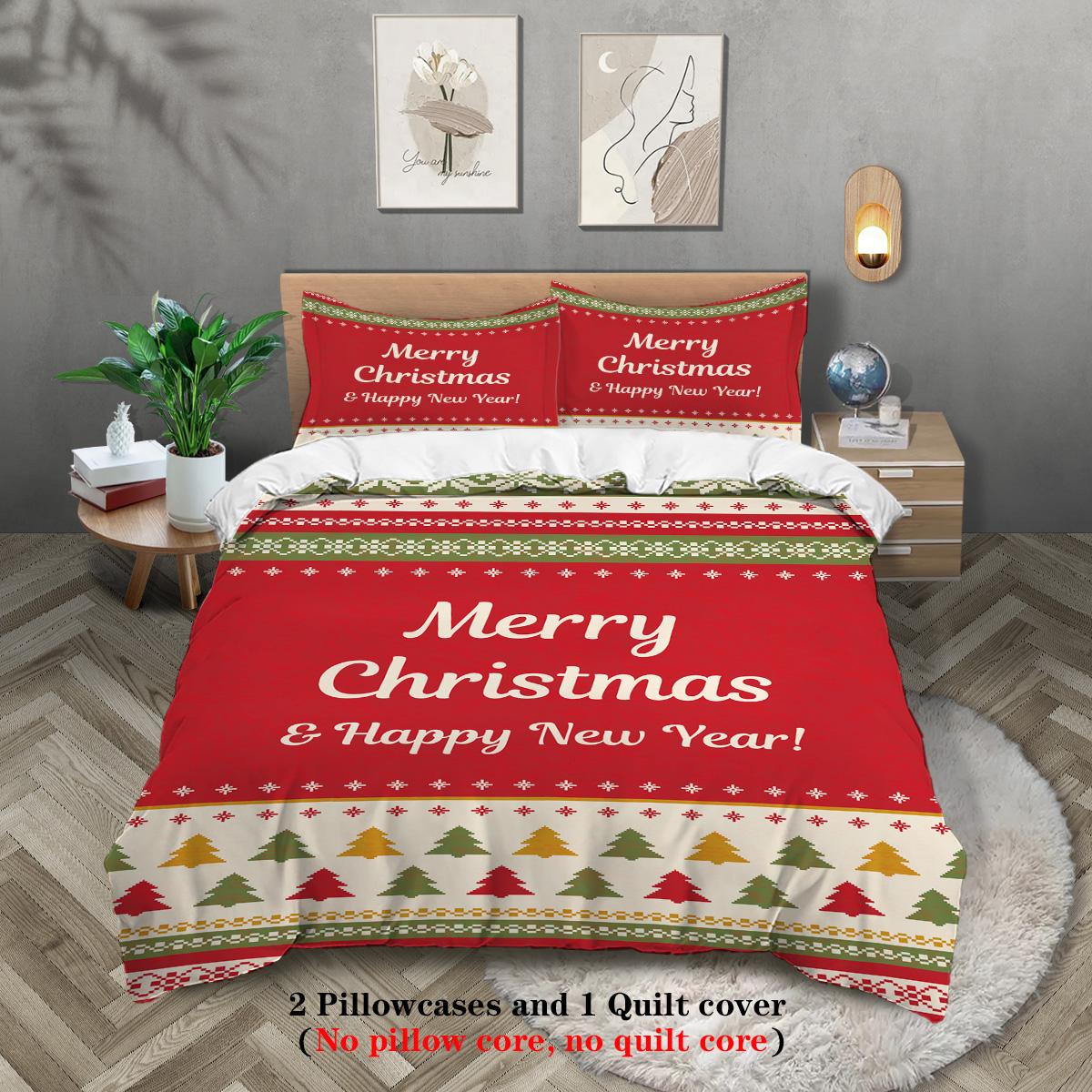 

3-piece Christmas themed Merry Christmas English graphic print (1 duvet cover+2 pillowcases, no core) soft bedding set 135x200cm-EU-Single