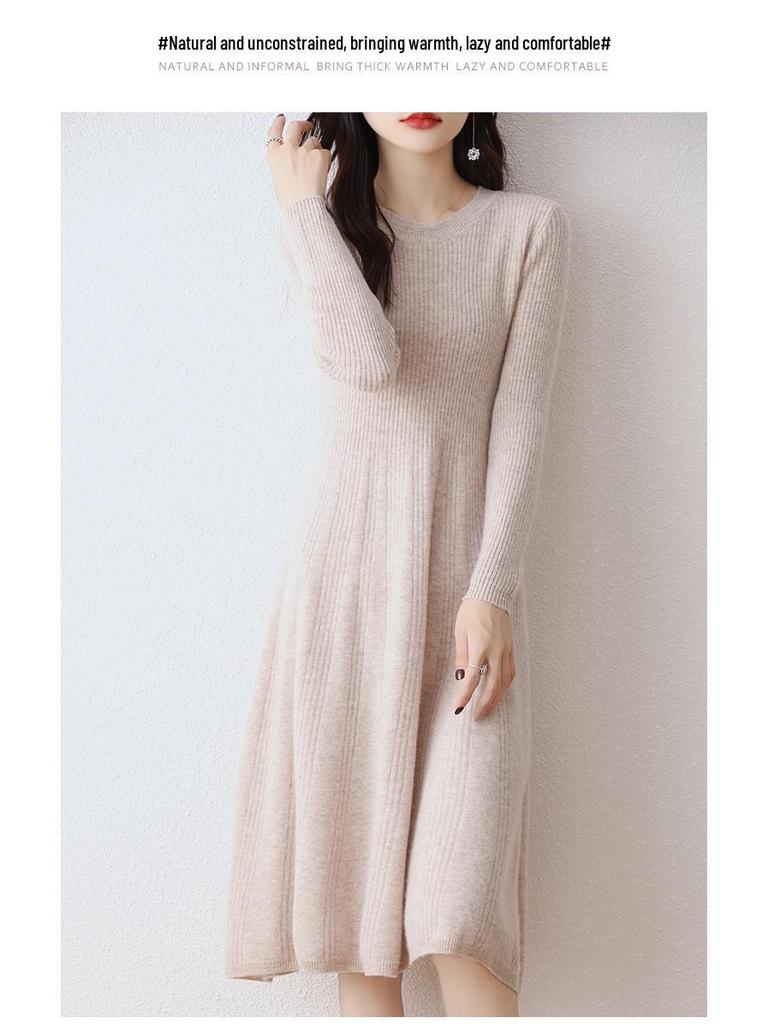 Women's Slim Fit Waist-Cinching Over-the-Knee Knitted Wool Dress - Autumn/Winter Base Layer, Round Neck, New Style
