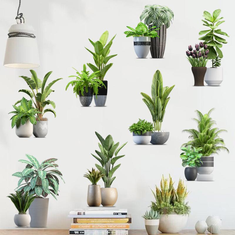 2Pcs Green Plant Potted Wall Decal Waterproof Removable Wall Sticker for Bedroom Living Room Study Room Home Decor