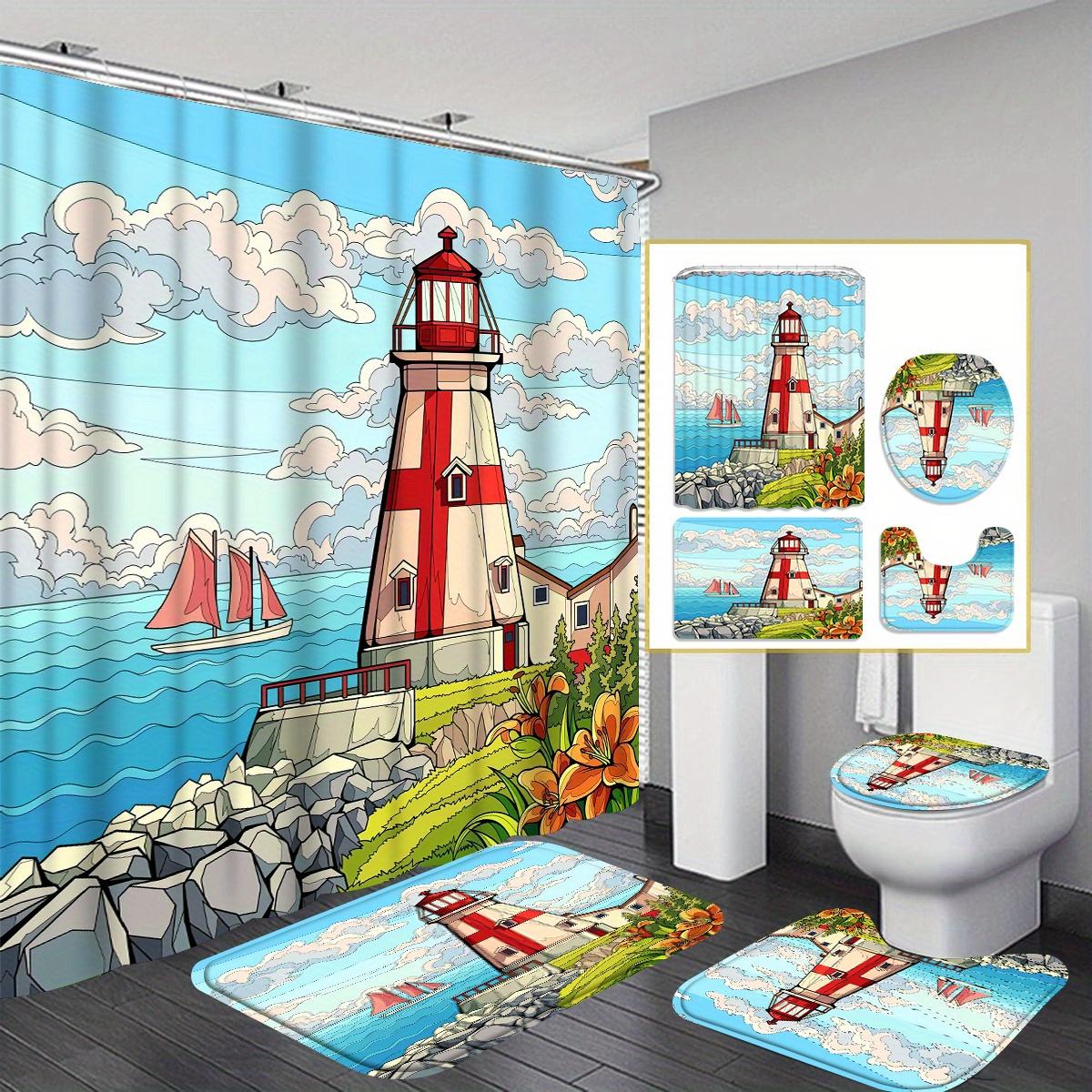 

Lighthouse 4pcs Bathroom Set, Bathroom Curtain, Absorbent Bathroom Floor Carpet, Non-slip U-Shaped Contour Rug & Toilet Lid 90x180cm