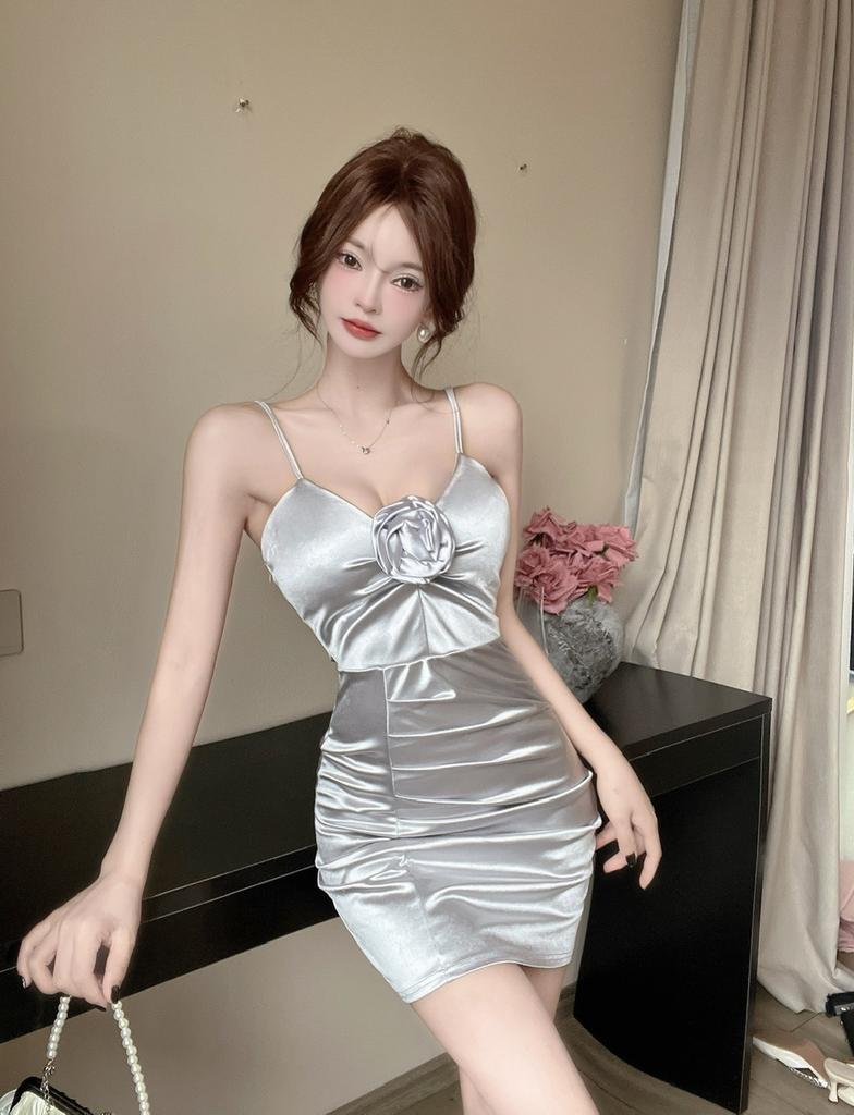 Women's Work Clothing Store Low Chest Sexy Flower Splicing Short Satin Bottom Hip Wrap Suspender Dress Summer