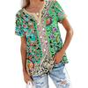 Modieuze Casual Dames Zomer Top met Retro Print, V-hals, Knopen en Korte Mouwen