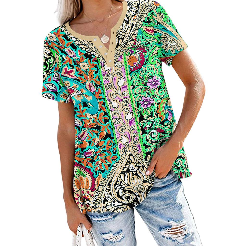 Modieuze Casual Dames Zomer Top met Retro Print, V-hals, Knopen en Korte Mouwen