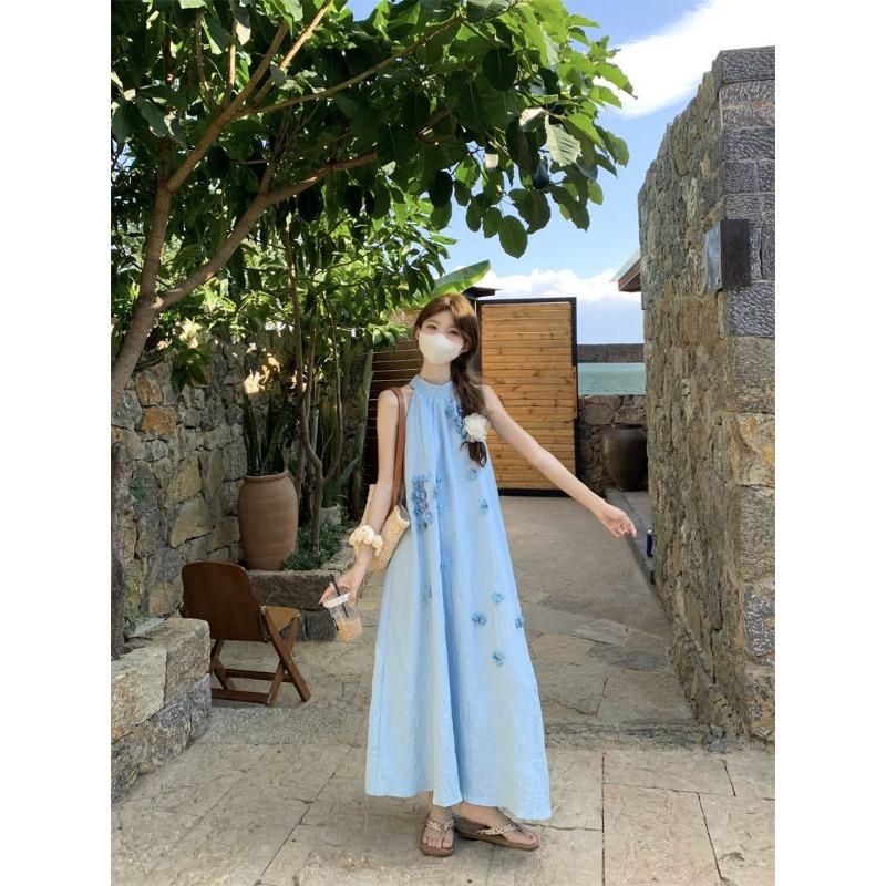 Blue Neck Sleeveless Dress Women's Summer Dopamine Wear High-end Seaside Vacation Beach Dress