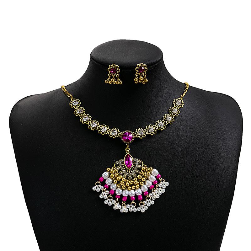 

European, American Bohemian Diamond Pearl Earrings, Ethnic Style Turquoise Fringed Necklace Flower Jewelry Set Women