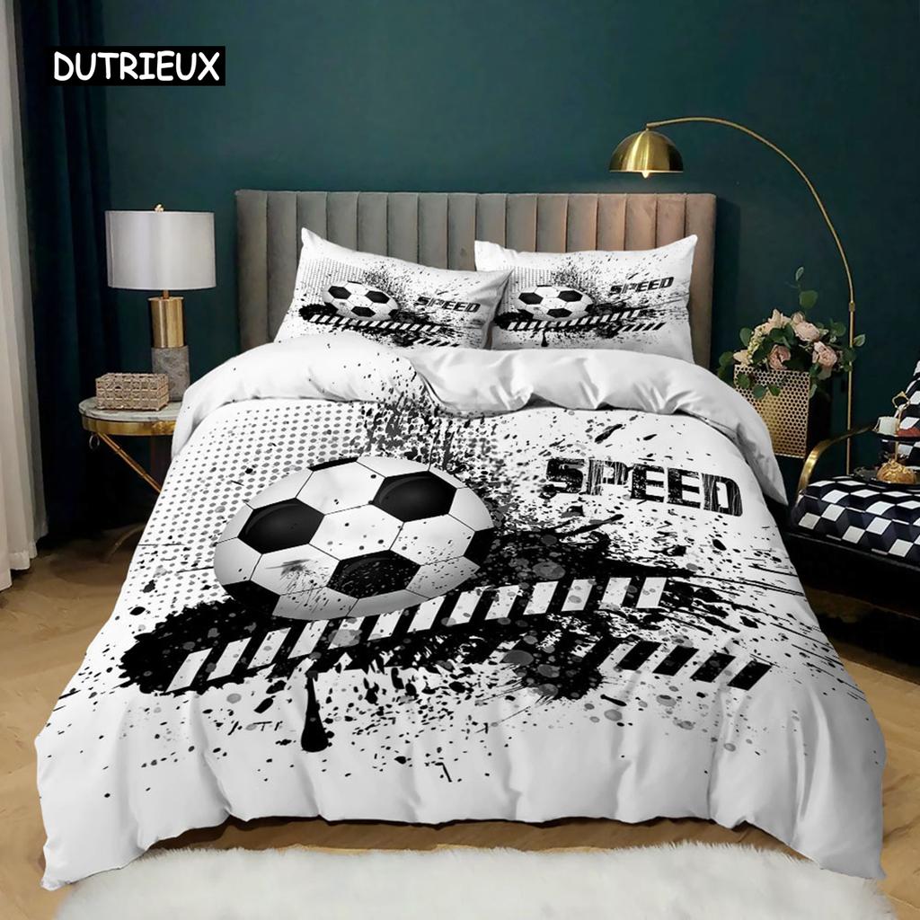 Football Black White Duvet Cover Soccer Goal Soft Bedding Set Polyester Sports Competitive Theme Ball Games for Teens Boy Decor