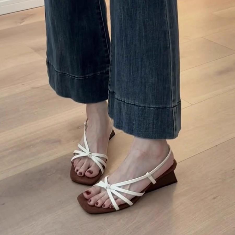 Soft leather version~ French temperament one-word thin strap wedge sandals women's head with skirt open-toed high-heeled Roman sandals