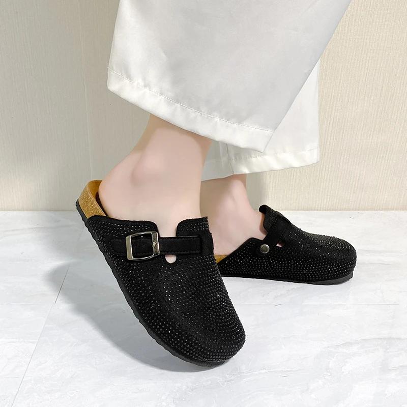Flat Summer Modern Slippers with Outer Sexy Toe Rhinestone Decoration 2024 High Quality Solid Color Shiny Women's Slippers
