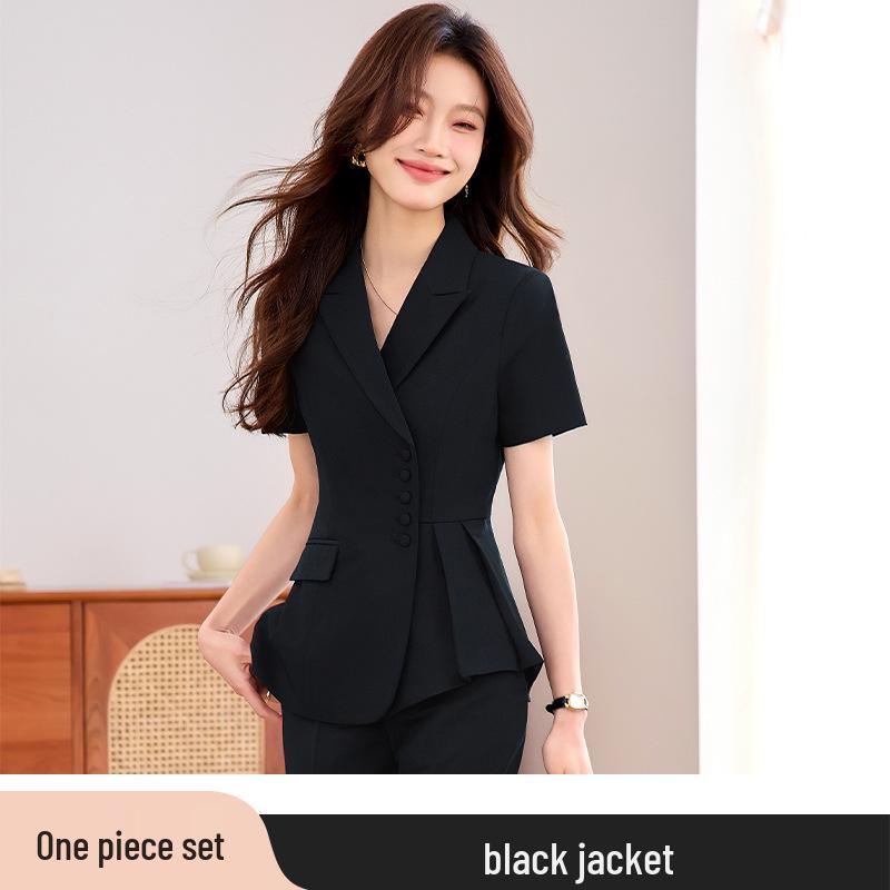 Gray Women's Short-Sleeved Suit Set: Summer Petite Professional Formal Wear for Jewelry Store Managers and Beauty Salon Workwear