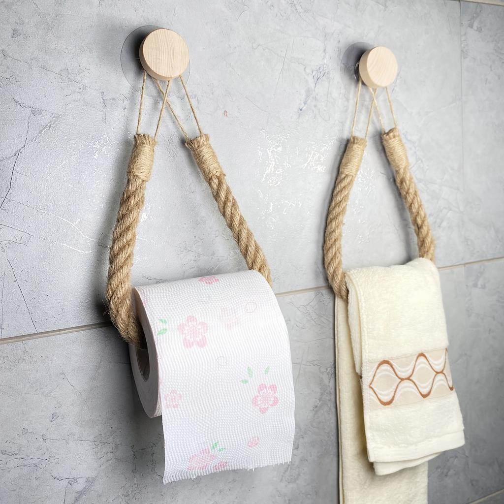 No-Drill Wooden Adhesive Hooks with Jute Rope and Towel Holder for Bathroom