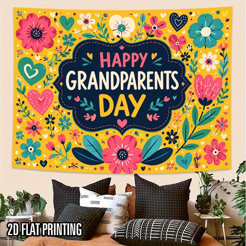 2D Flat, 1pc Happy Grandparents Day Tapestry Wall Hanging - Floral Horizontal Wall Decor Suitable for Living Room,, Room - Fabric with Grandparents-Th