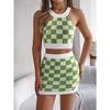 HNXC Spring Summer Color-blocking Checkered Crop Top, Hip-hugging Skirt, Knitted Suit Women's Wear