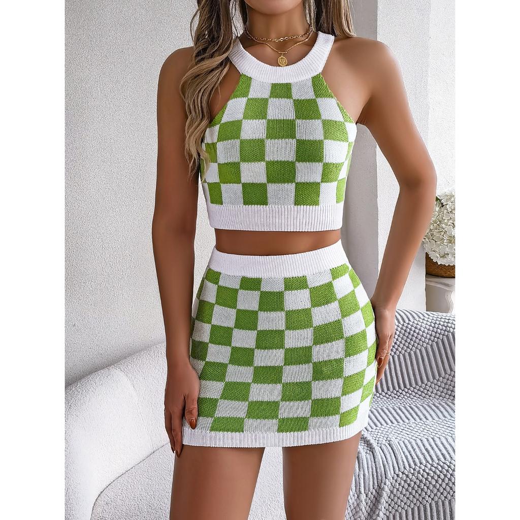 HNXC Spring Summer Color-blocking Checkered Crop Top, Hip-hugging Skirt, Knitted Suit Women's Wear