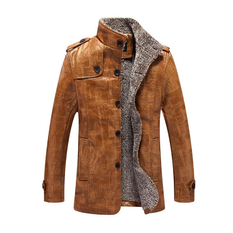 Autumn and winter men's stand-up collar fleece thickened pu leather jacket large size casual medium and long leather jacket