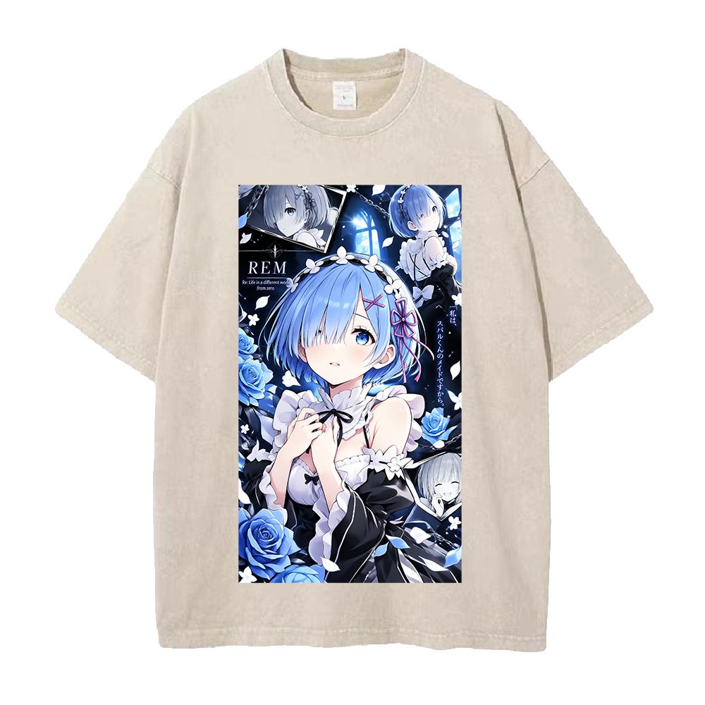 Rem Kawaii Printed Tee Anime Re Zero Clothing Men Women Vintage Washed Tshirts Short Sleeve Tshirt Casual Cotton Streetwear