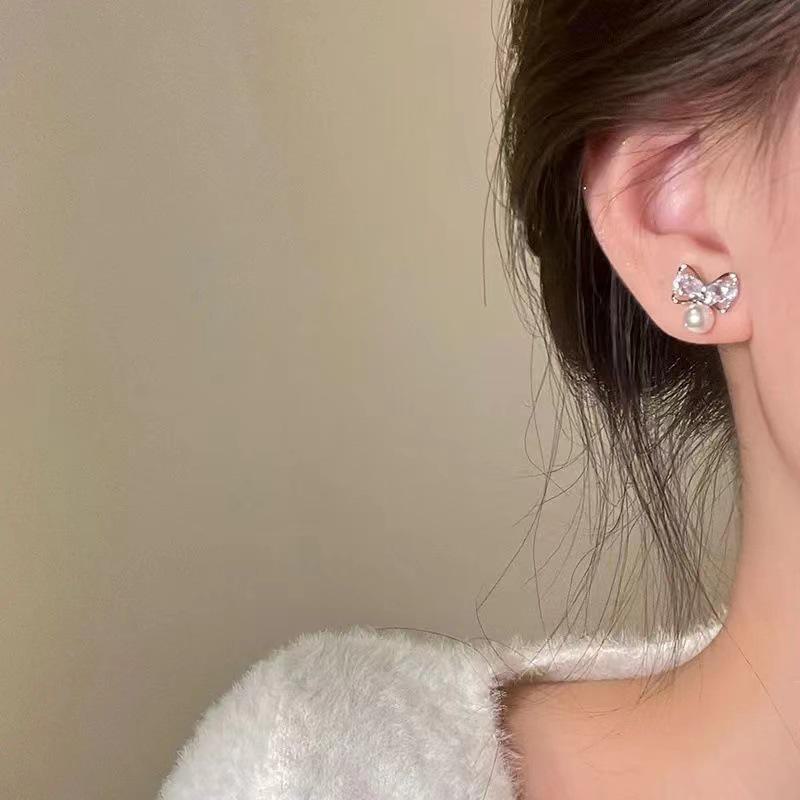 S925 Luxury Bow Zircon Earrings with Pearl Pendant for Women - 2025 Niche Design.