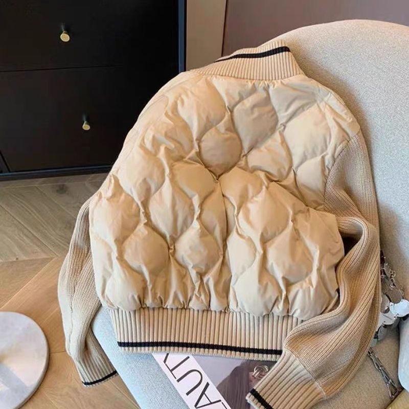 Retro Stand-up Collar Knitted Splicing Rhombus Cotton Jacket Women's Autumn and Winter New Niche Fashionable Light Jacket Tide