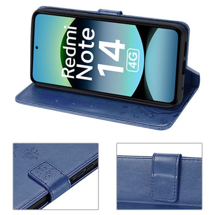 Case for Xiaomi Redmi Note 14 4G (not for 5G) Shockproof Protection Synthetic Leather Butterfly Flower Navy Blue
