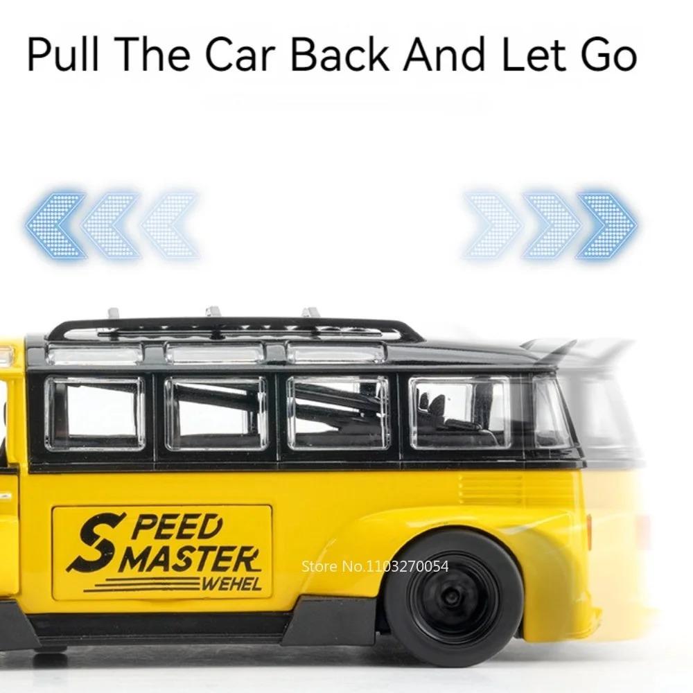 1/32 Scale Bus Transporter Model Car with Surfboards Convertible Camping Van, Zinc Alloy Pull Back Toy Car with Sound and Light for Kids Gift