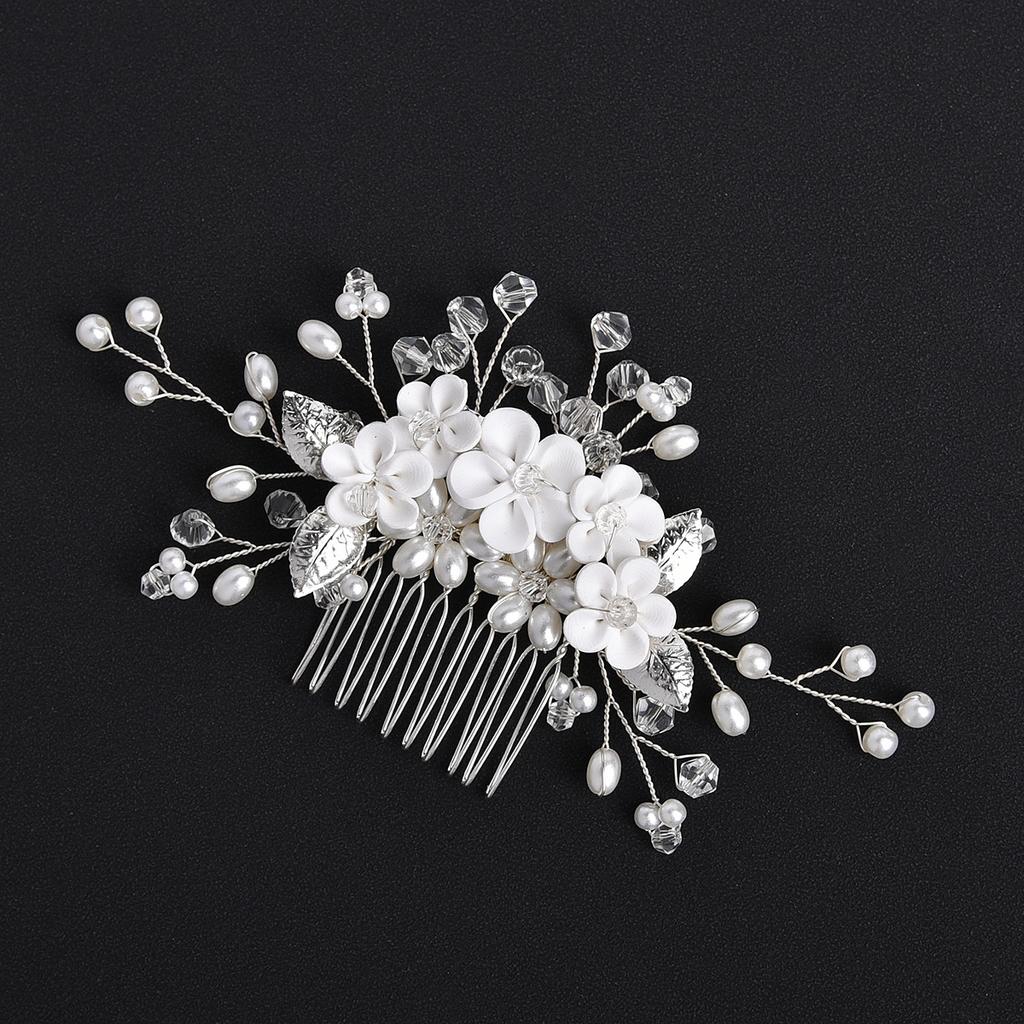 Europe and America Cross Border White Polymer Clay Flowers Metal Iron Plate Leaves Hair Comb Bridal Accessories
