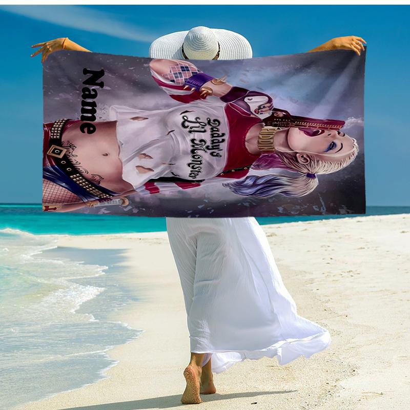 Custom Name Ultra-Soft Beach Towel with Harley Quinn Theme,Ideal for Pool - Camping, Diving - Perfect Travel Essential, Vibrant Beach Towel.