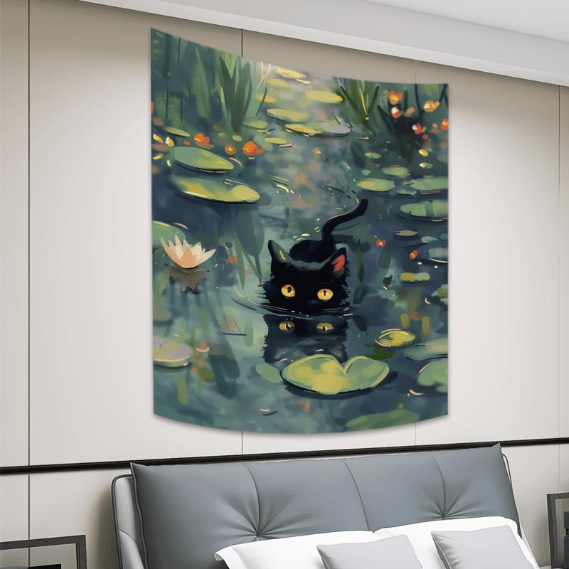 

Черный Кот Плавающая Лилия Лотос Озеро Звездная Ночь Гобелен Украшение Комнаты Домашний Декор Спальня Настенный Подвесной Тканевый 29x37in