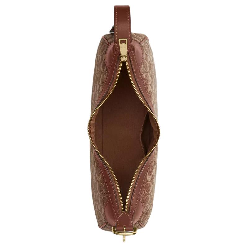 Coach Shoulder Bag Ella 35 Classic Old Flower All Over Print Chenille Velvet and Smooth Leather Hand-held Large Size for Women Light Khaki and Retro