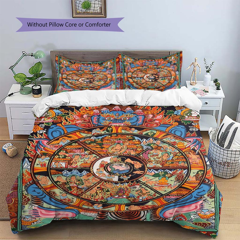 Buddhism Wheel Pattern Bedding Quilt Set Quilt Cover Pillowcase Home Decoration Gift (1 * duvet cover + 2 * pillowcase, without core)