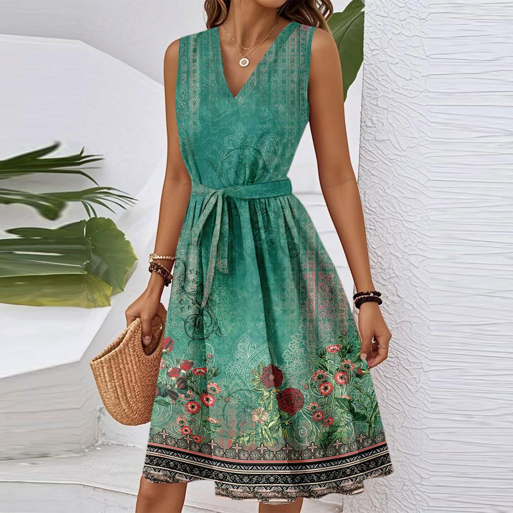 Damen Frühling Und Sommer Lässiges V-Ausschnitt Ärmellos Tailliertes Vintage Bedrucktes Midi-Kleid