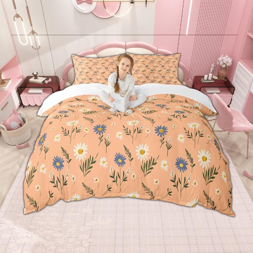 Homewish Colorful Floral Duvet Cover Set For Girls 2Pcs/3Pcs Cute Daisy Strawberry Bedding Cherry Flower Checkered Bed Set