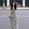 Double Rubber Band On the Back with Inner Lining - French Butterfly Print Irregular Suspender Dress, Beautiful Long Dress