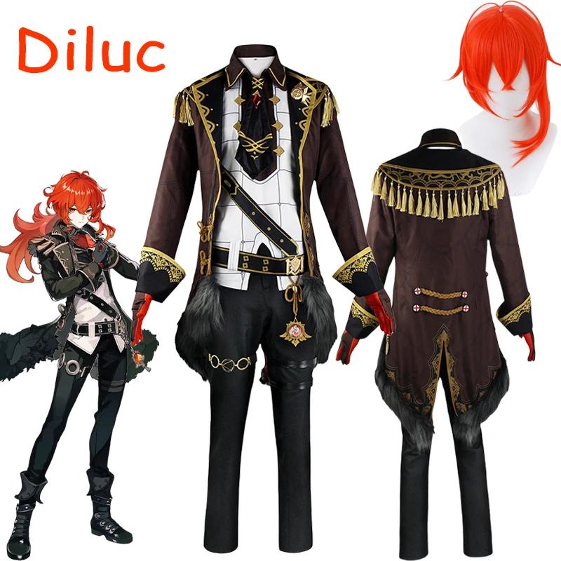Costume Cosplay Diluc da Gioco   Uniforme Cosplay Cappotto Top Pantaloni Parrucca Abiti Diluc Costumi di Carnevale di Halloween per Uomini