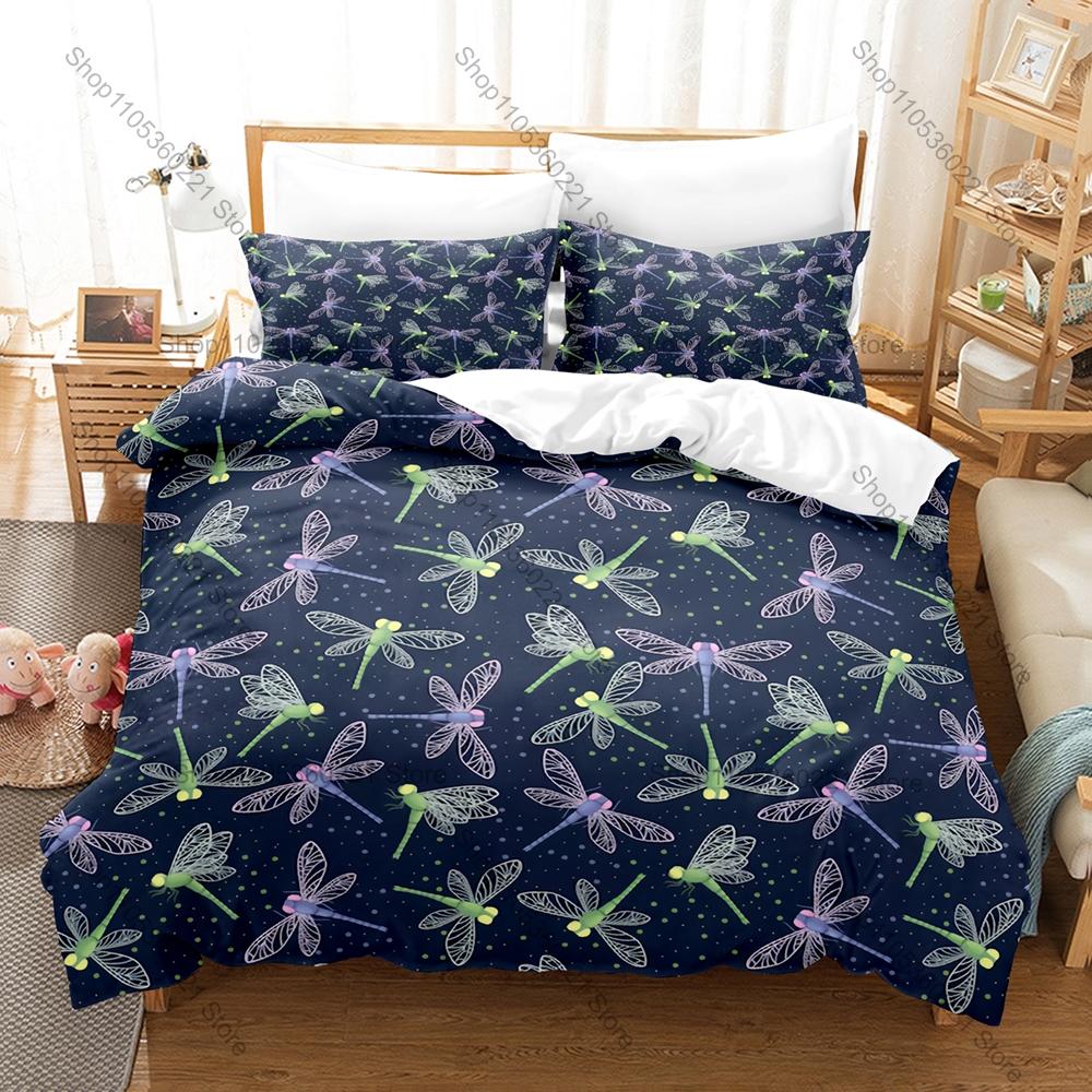 Cute Cartoon Dragonfly 3 Piece Bedding Set Soft Microfiber Duvet Cover Set with Pillowcases for Kids Bedroom Decor All Season