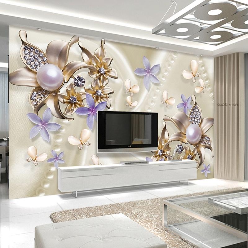 European Style 3D Stereo Pearl Diamond Butterfly Flower Photo Murals Wallpaper Living Room TV Sofa Backdrop Wall Murals