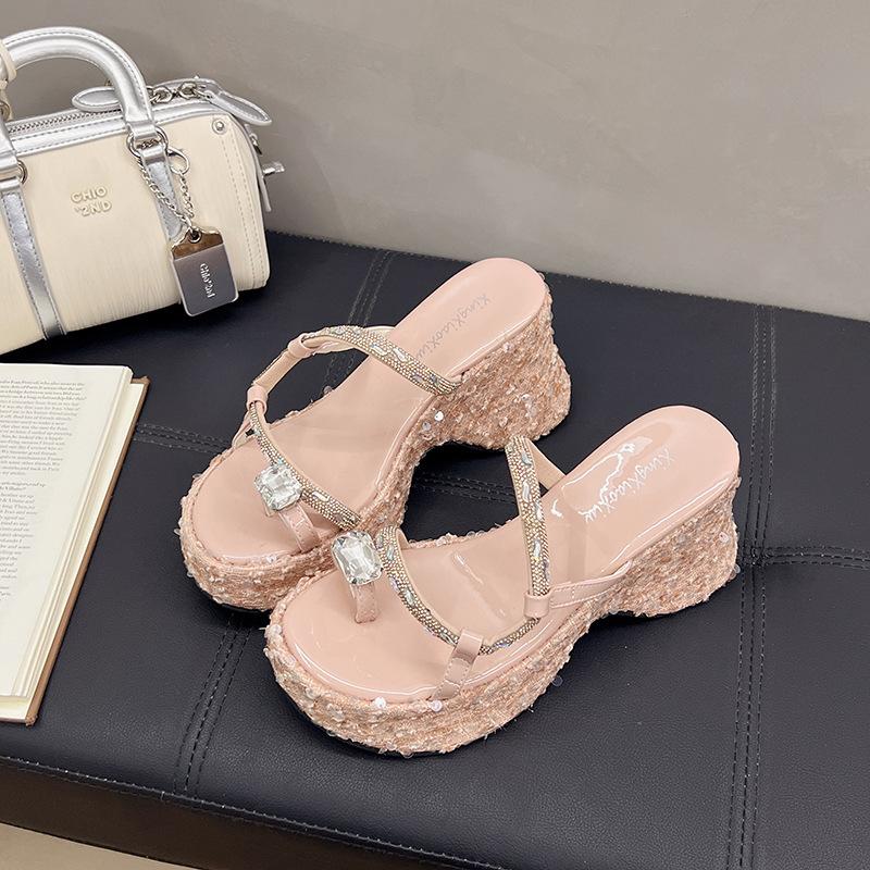 Sequined Wedged Slippers Femininity Thick-soled Outer Wear Summer Small Man Set Toe Rhinestone Cold Slippers