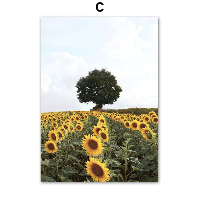 Field Girl Sunflower Tree Poster Flower Butterfly Print Canvas Painting Landscape Wall Art Pictures for Living Room Home Decor