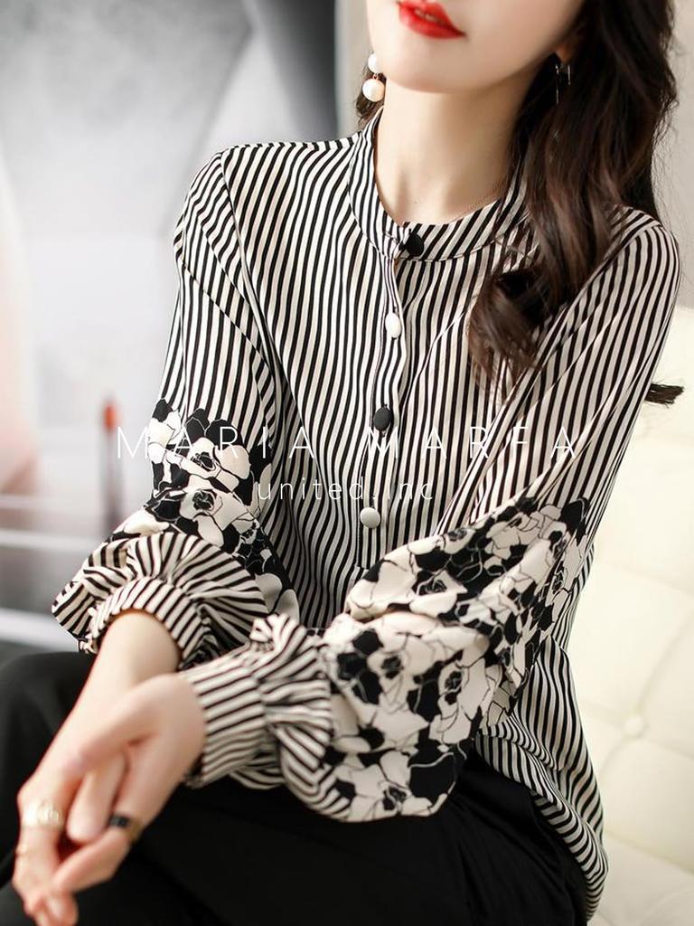 MARIA MARFA Floral and Striped Soft and Women's Blouse, Fluffy, Office-Ready, Neat, Cute, Modern, Spring, Black, 5S-M09-BKXL
