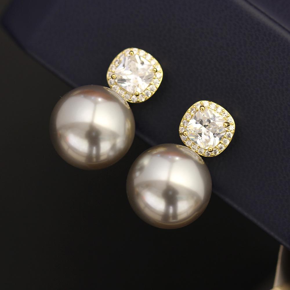 Princess square stone-set large pearl earrings, gold-plated multi-color 925 silver needle earrings, versatile without pierced earrings, earrings for