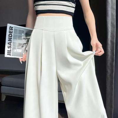 Women's High Waisted Wide Leg Pants Solid White Pleated Suit Trousers Casual Office Wear Loose Palazzo Pants